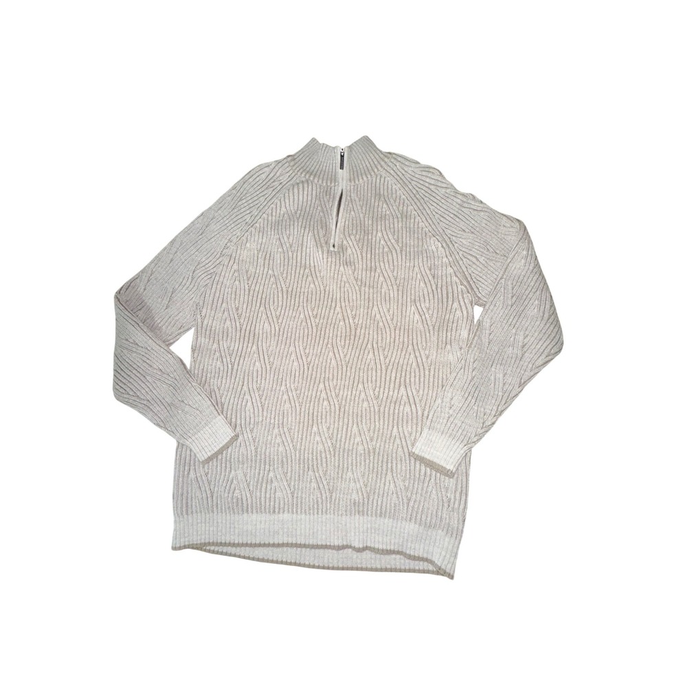 Tommy Bahama‎ Mens Quarter Zip Sweater Beige Cotton Cable Knit Mock Neck Size M